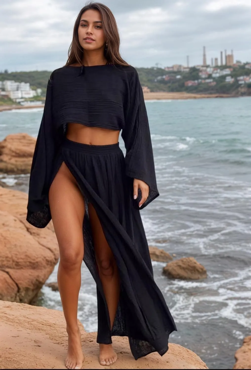 2 Piece Linen Set High Slit Skirt Boho Maxi Dress Beach Cover Ups for Women Sarong Bikini Coverup Vacation Outfits