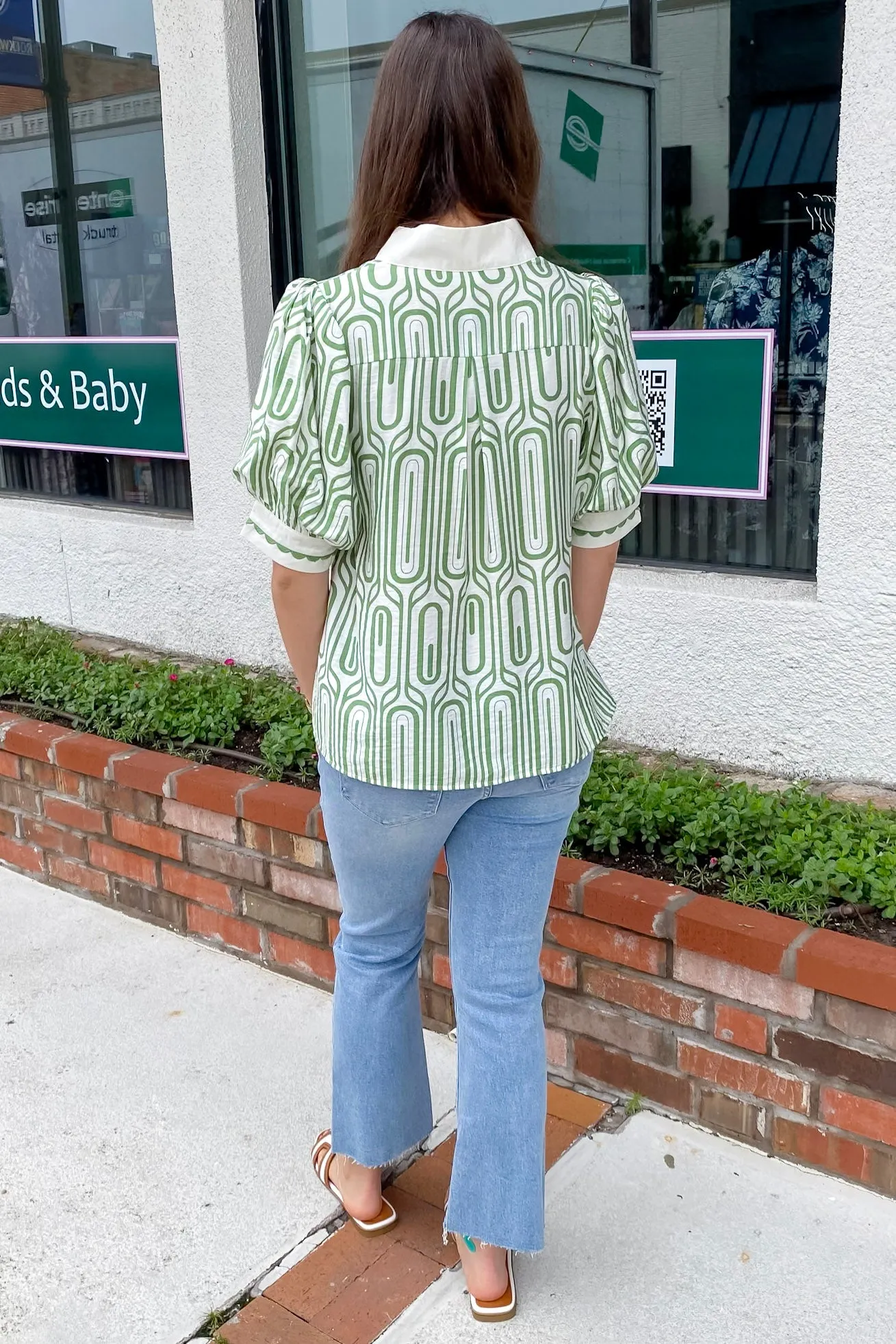 Adventure Awaits Olive Geo Print Top