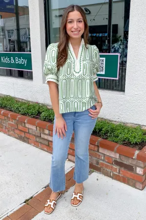 Adventure Awaits Olive Geo Print Top