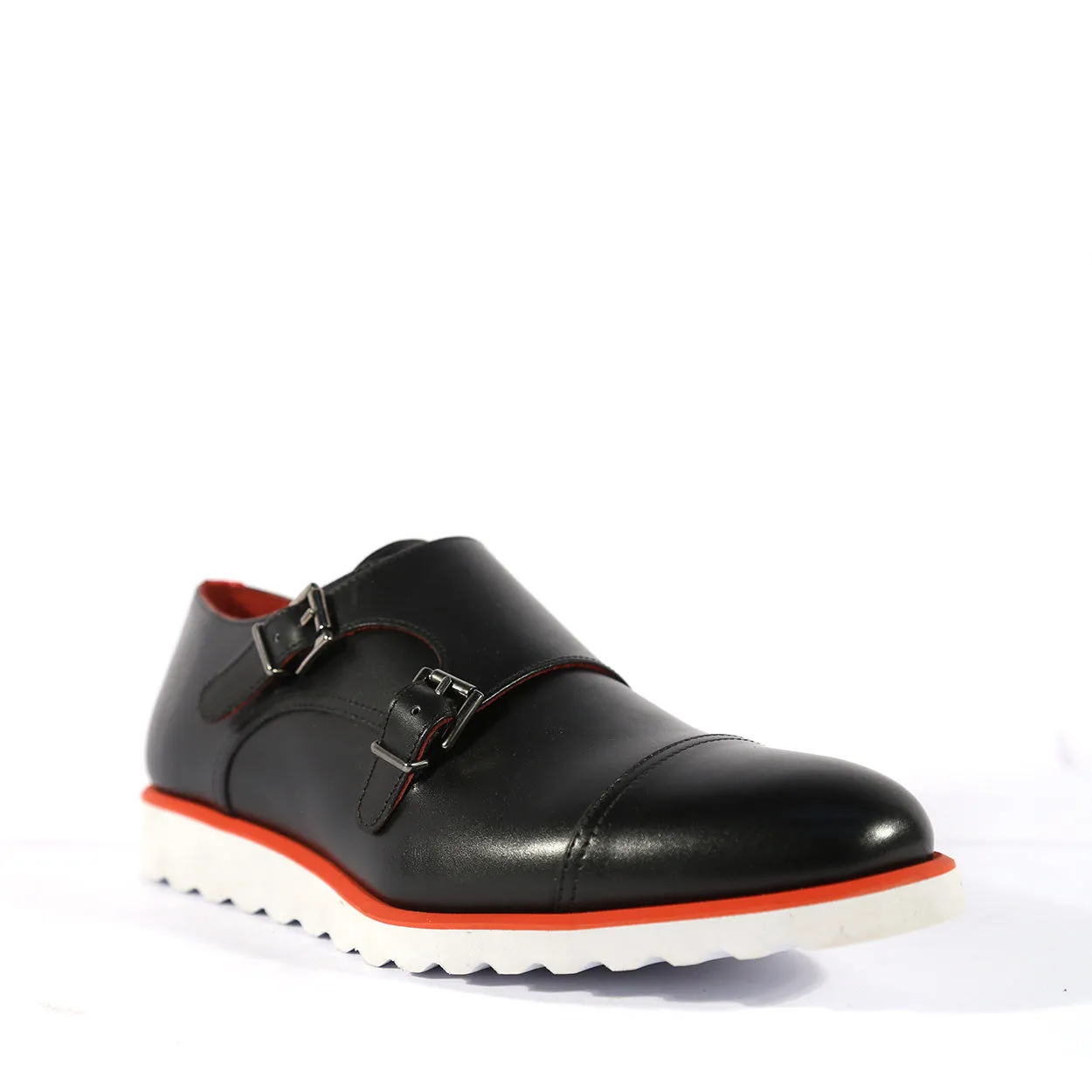 Ambrogio Men's Shoes Black Calf-Skin Leather Double Monk-Straps Loafers(AMB2519)