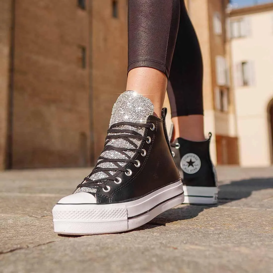 Converse All Star Platform in Pelle Nera con Glitter Argento