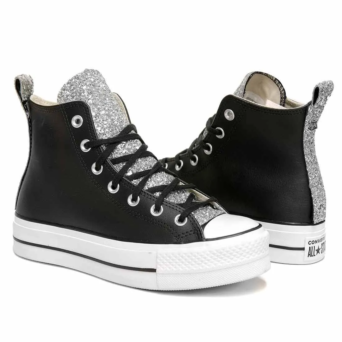 Converse All Star Platform in Pelle Nera con Glitter Argento