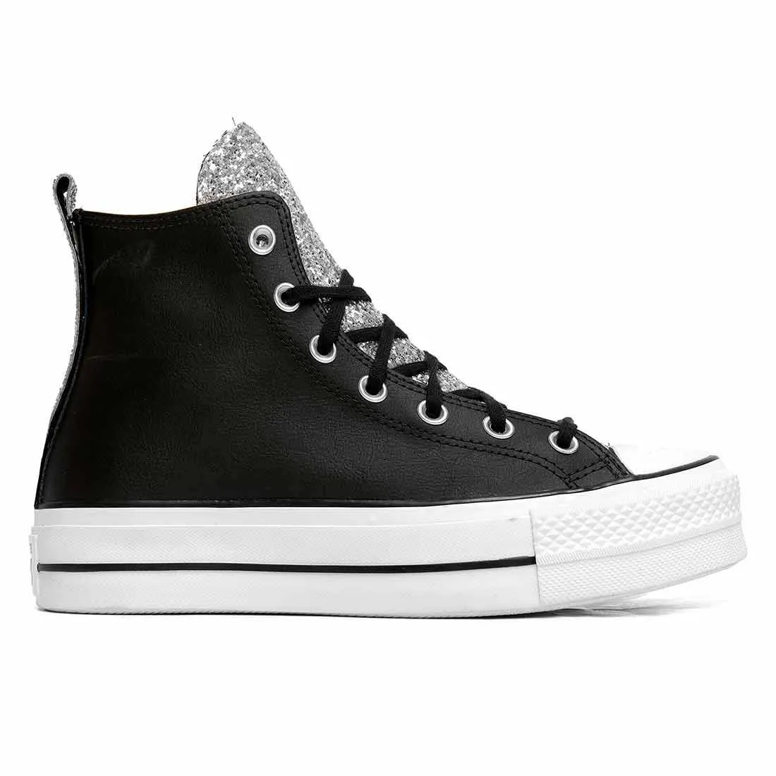 Converse All Star Platform in Pelle Nera con Glitter Argento