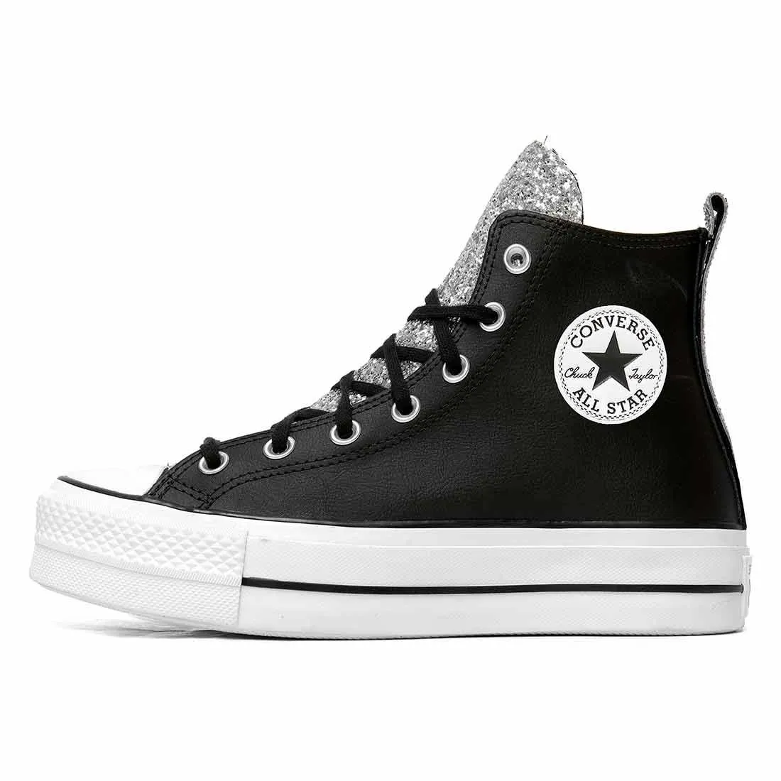 Converse All Star Platform in Pelle Nera con Glitter Argento