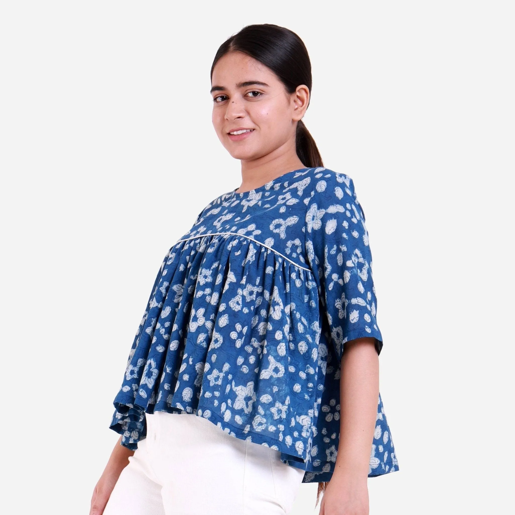 Dabu Hand Block Printed Gathered Cotton Top