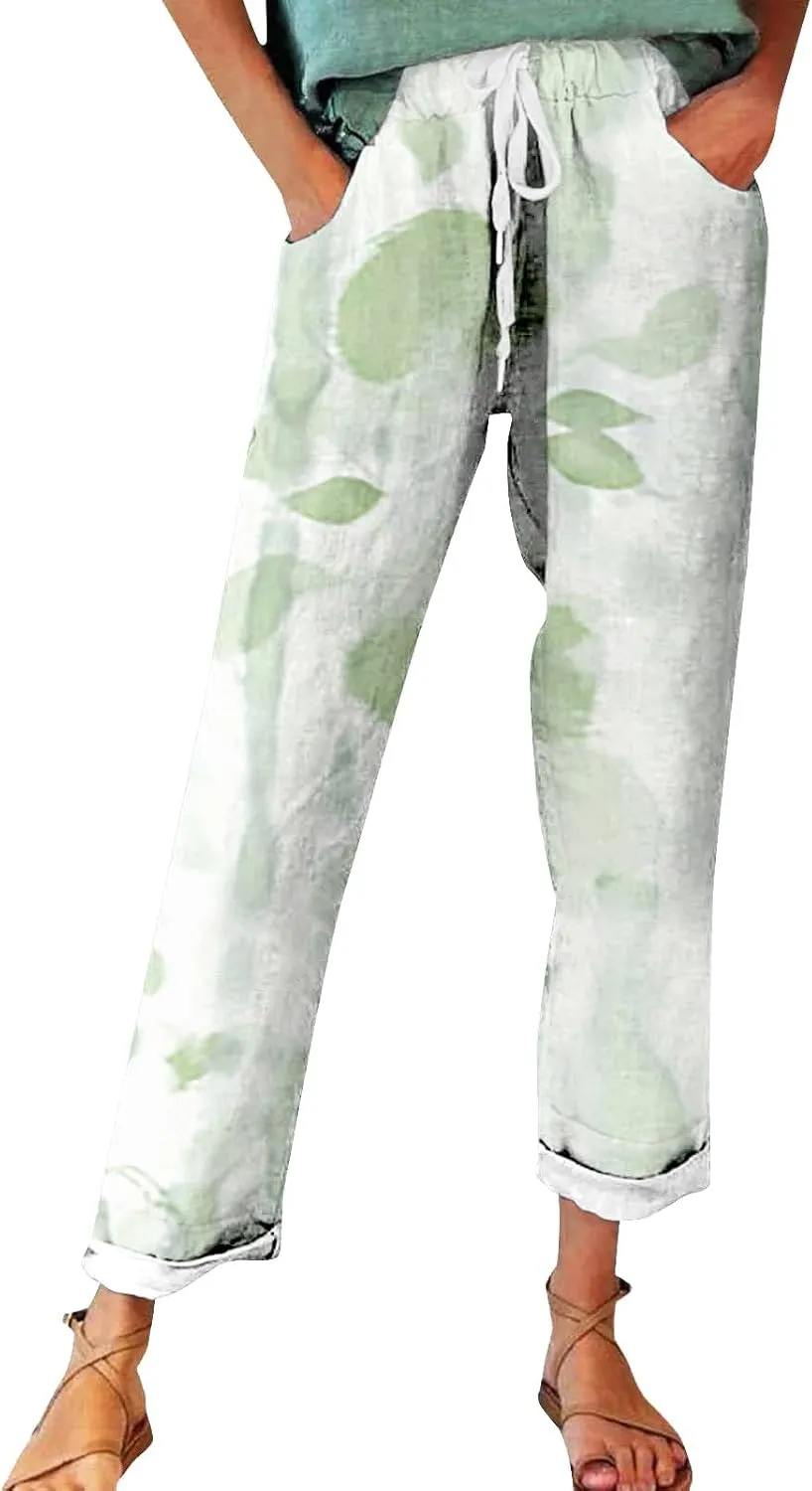 Flowy Linen Pants Summer Wide Leg Pants Drawstring Elastic Waist Pants High Waisted Pants Casual Beach Trousers Boho
