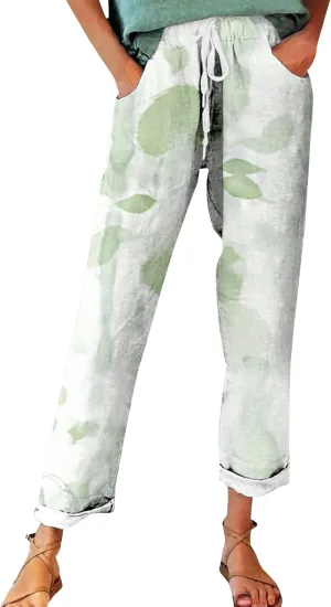 Flowy Linen Pants Summer Wide Leg Pants Drawstring Elastic Waist Pants High Waisted Pants Casual Beach Trousers Boho