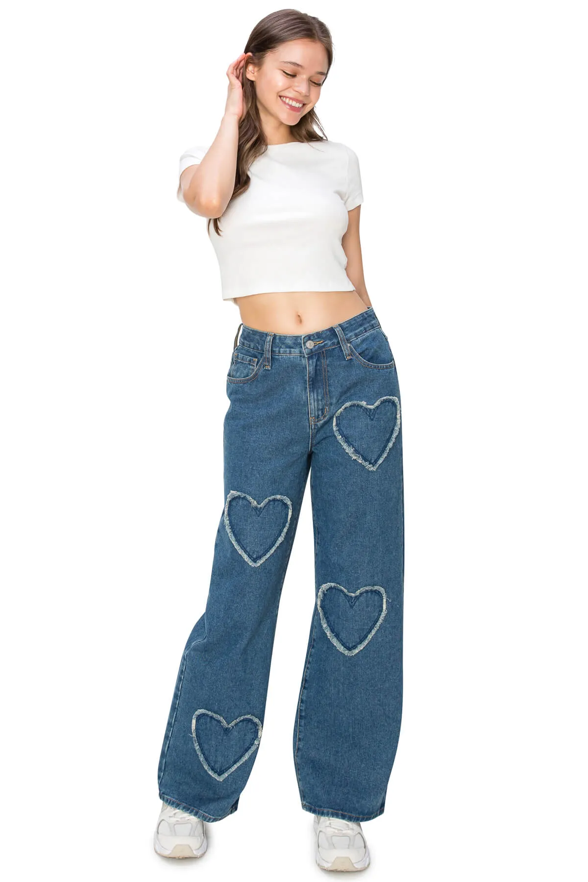 High Rise Heart Patched Wide Leg Jeans - Medium Wash