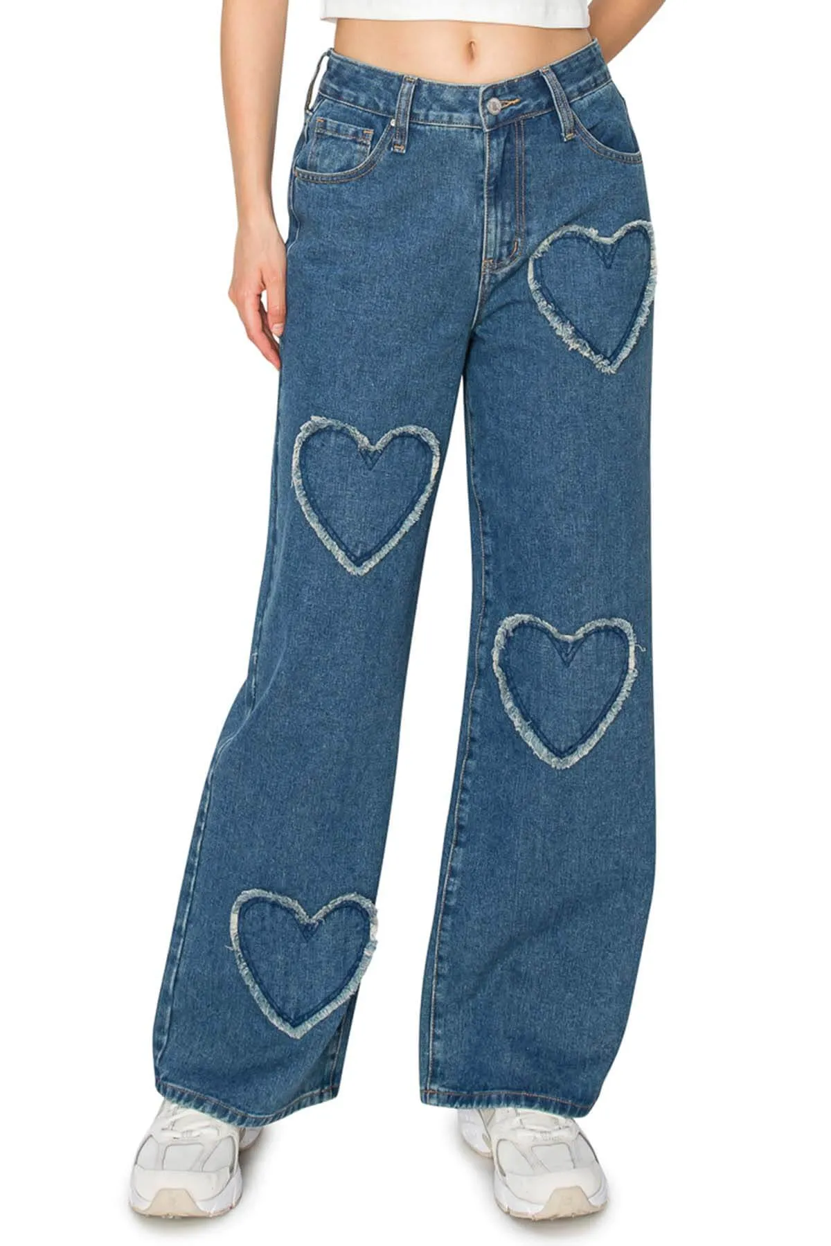 High Rise Heart Patched Wide Leg Jeans - Medium Wash