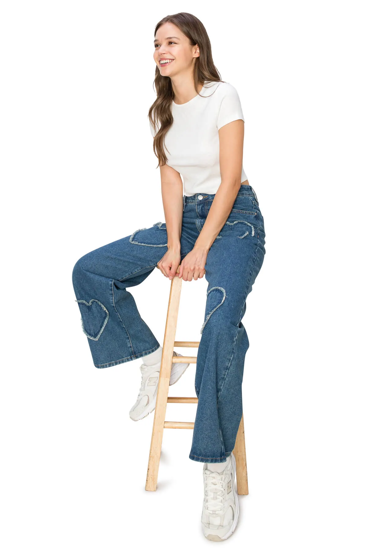 High Rise Heart Patched Wide Leg Jeans - Medium Wash