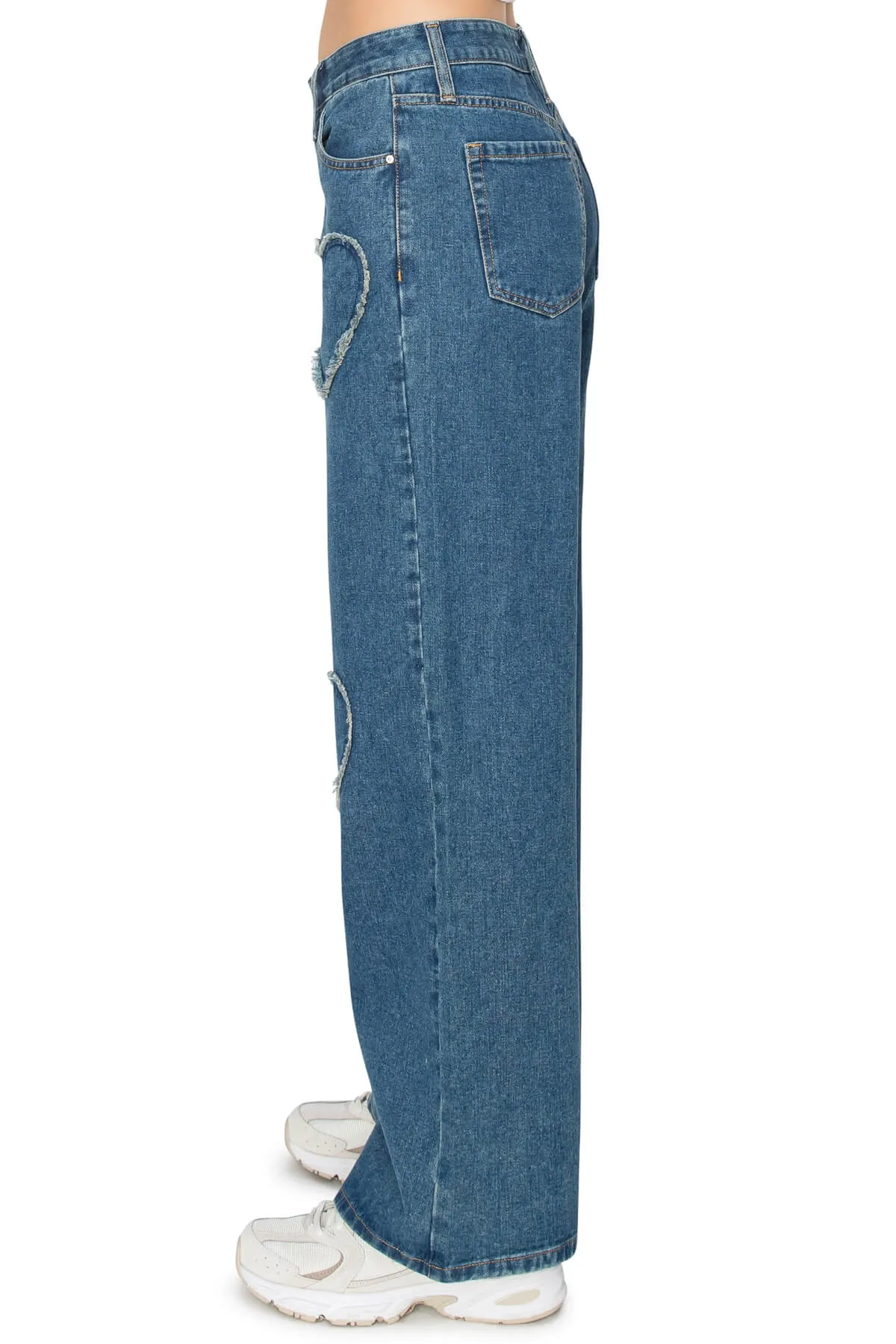 High Rise Heart Patched Wide Leg Jeans - Medium Wash