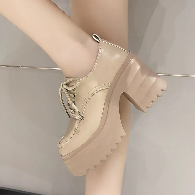 Leather Women Platform Square Heel Lace Up Oxford Women Party Role Play Uniform Dress Shoes Fashion High Heels Shoes Women