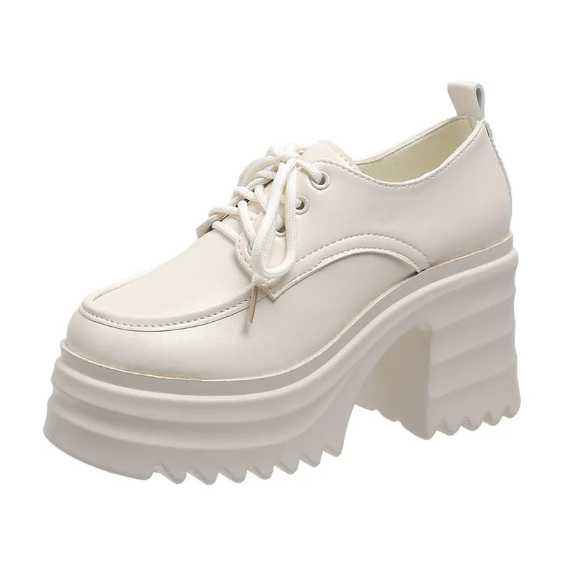 Leather Women Platform Square Heel Lace Up Oxford Women Party Role Play Uniform Dress Shoes Fashion High Heels Shoes Women