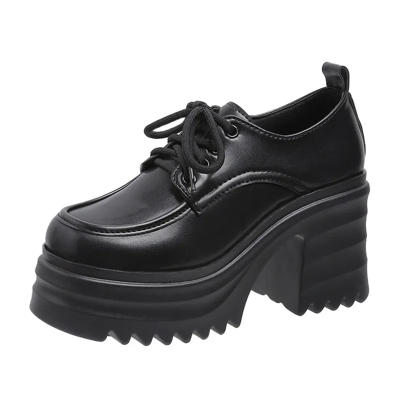 Leather Women Platform Square Heel Lace Up Oxford Women Party Role Play Uniform Dress Shoes Fashion High Heels Shoes Women