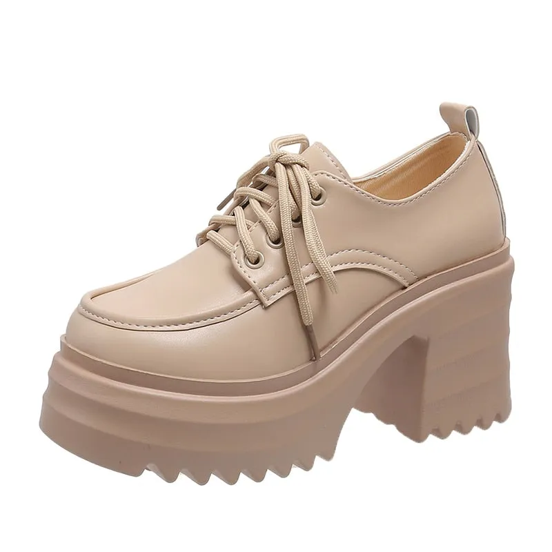 Leather Women Platform Square Heel Lace Up Oxford Women Party Role Play Uniform Dress Shoes Fashion High Heels Shoes Women