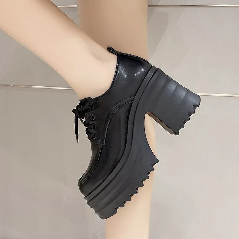 Leather Women Platform Square Heel Lace Up Oxford Women Party Role Play Uniform Dress Shoes Fashion High Heels Shoes Women