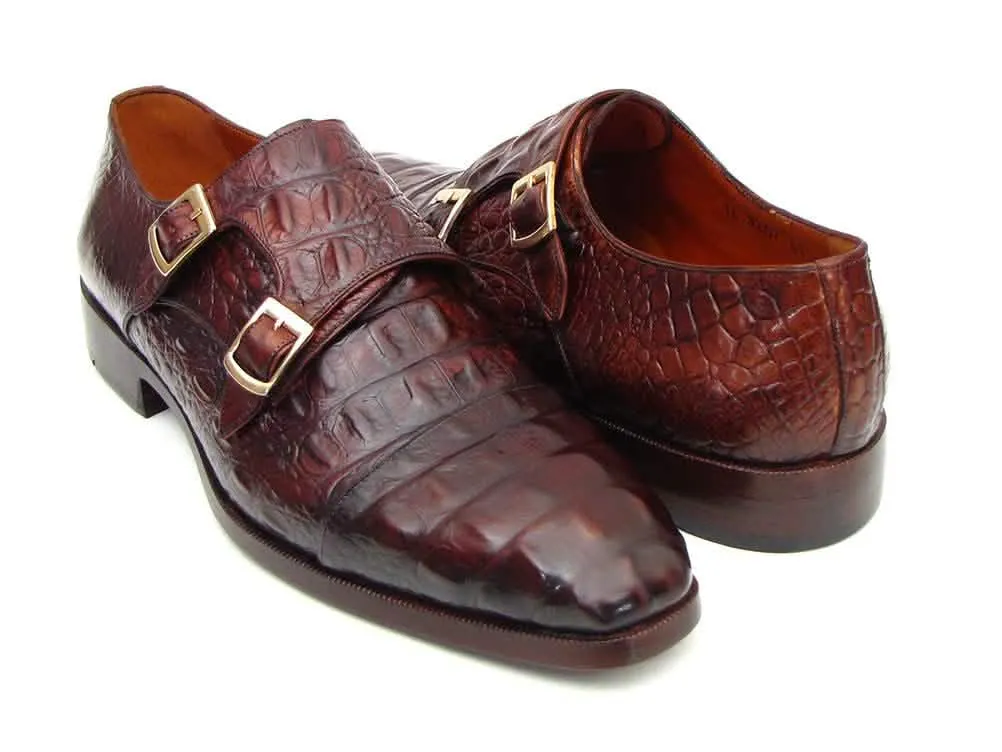 Luxury Brown & Bordeaux Crocodile Leather Double Monk Strap Shoes for Men by Paul Parkman