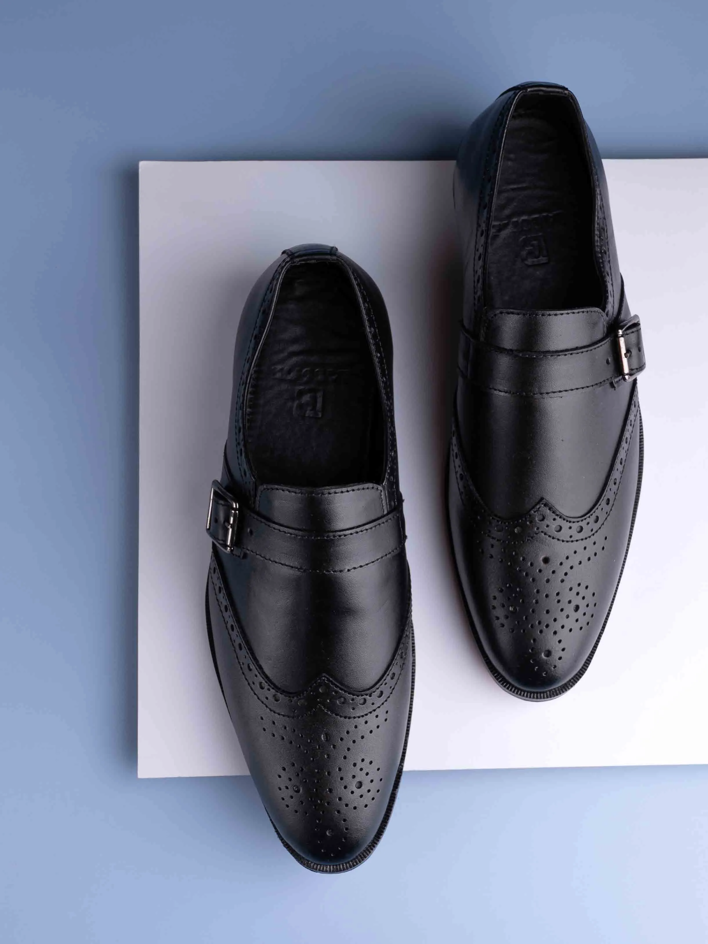Men Black Perforated Monk Formal Shoes