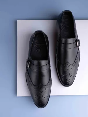Men Black Perforated Monk Formal Shoes