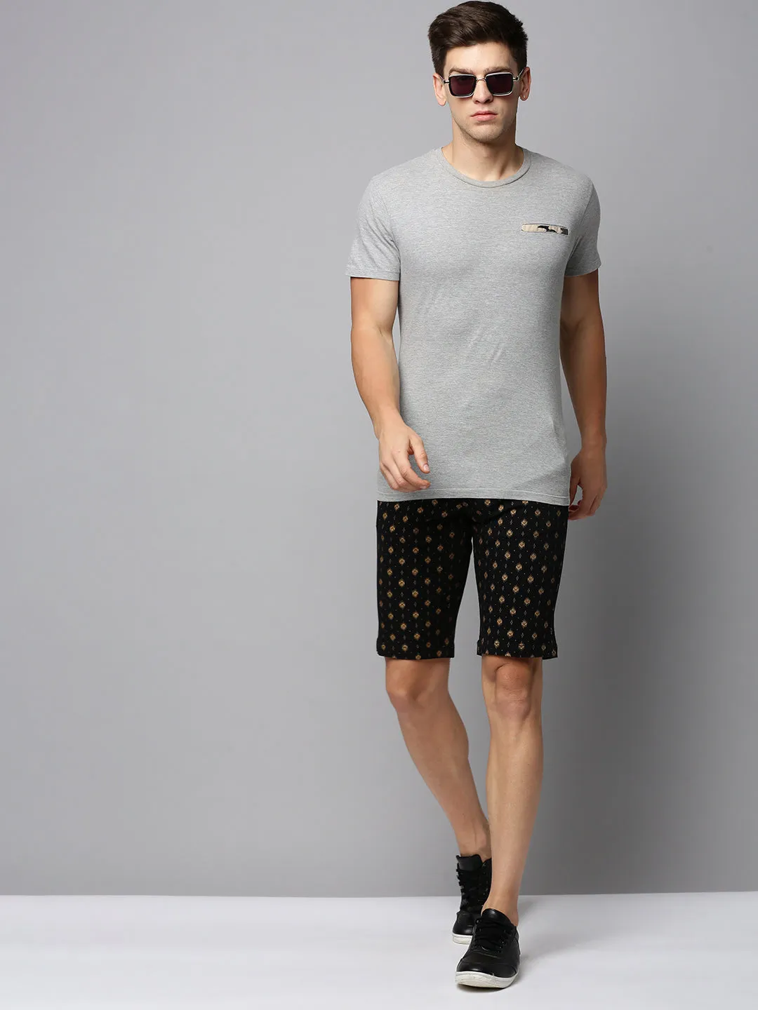 Men Black Regular Fit Ethnic Motifs Printed Cotton Shorts