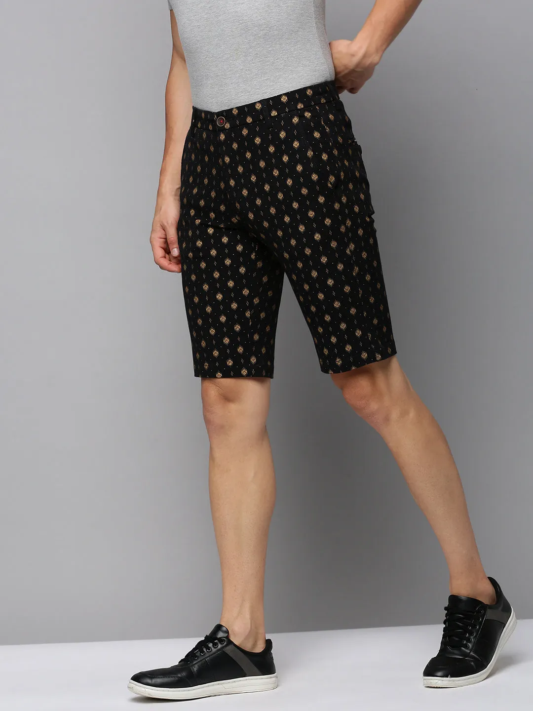 Men Black Regular Fit Ethnic Motifs Printed Cotton Shorts