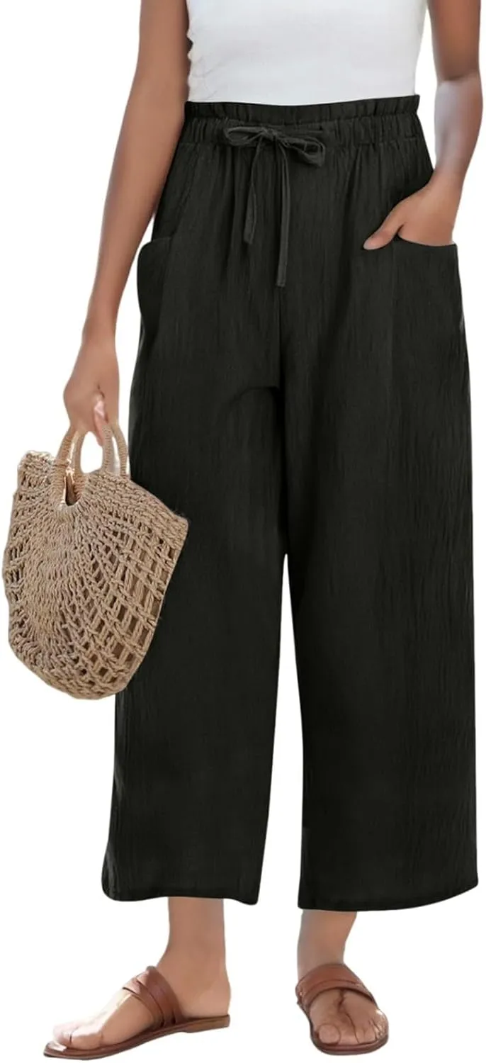 Miyaomn Wide Leg Linen Pants for Women Drawstring Summer Palazzo Flowy Pants Casual Loose High Waisted Trousers with Pockets