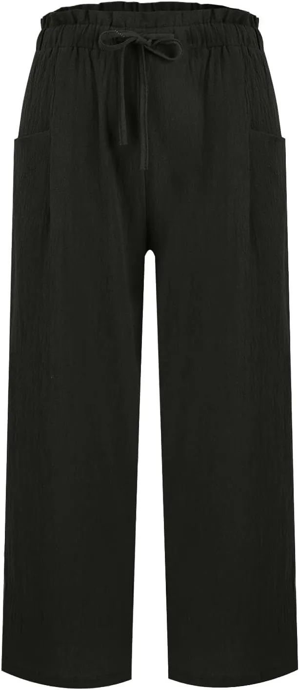 Miyaomn Wide Leg Linen Pants for Women Drawstring Summer Palazzo Flowy Pants Casual Loose High Waisted Trousers with Pockets