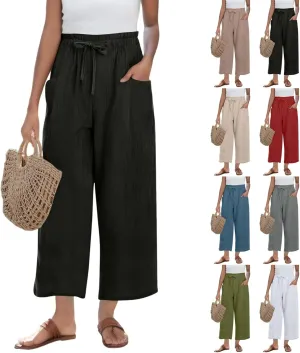 Miyaomn Wide Leg Linen Pants for Women Drawstring Summer Palazzo Flowy Pants Casual Loose High Waisted Trousers with Pockets