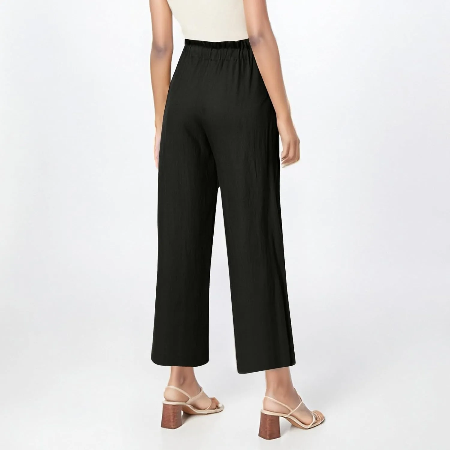 Miyaomn Wide Leg Linen Pants for Women Drawstring Summer Palazzo Flowy Pants Casual Loose High Waisted Trousers with Pockets