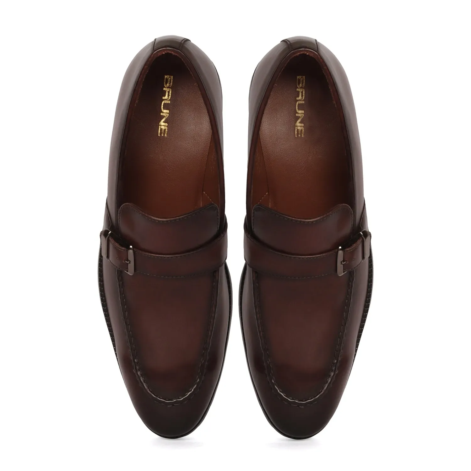 Single Monk Dark Brown Leather Apron Toe Buckle Strap Slip-On Shoe For Men By Brune & Bareskin
