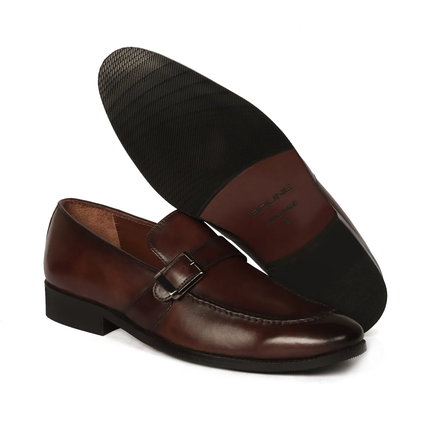 Single Monk Dark Brown Leather Apron Toe Buckle Strap Slip-On Shoe For Men By Brune & Bareskin