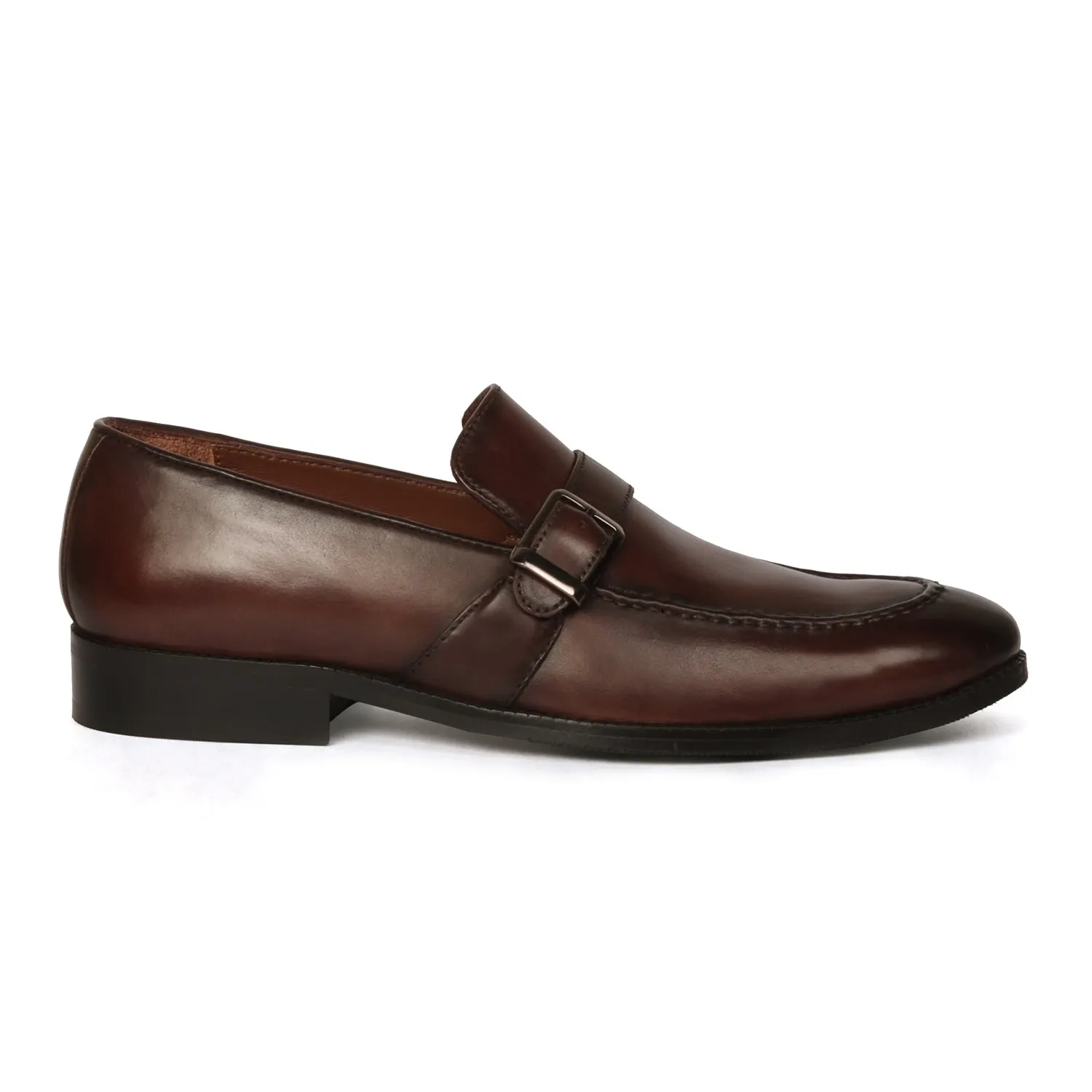 Single Monk Dark Brown Leather Apron Toe Buckle Strap Slip-On Shoe For Men By Brune & Bareskin