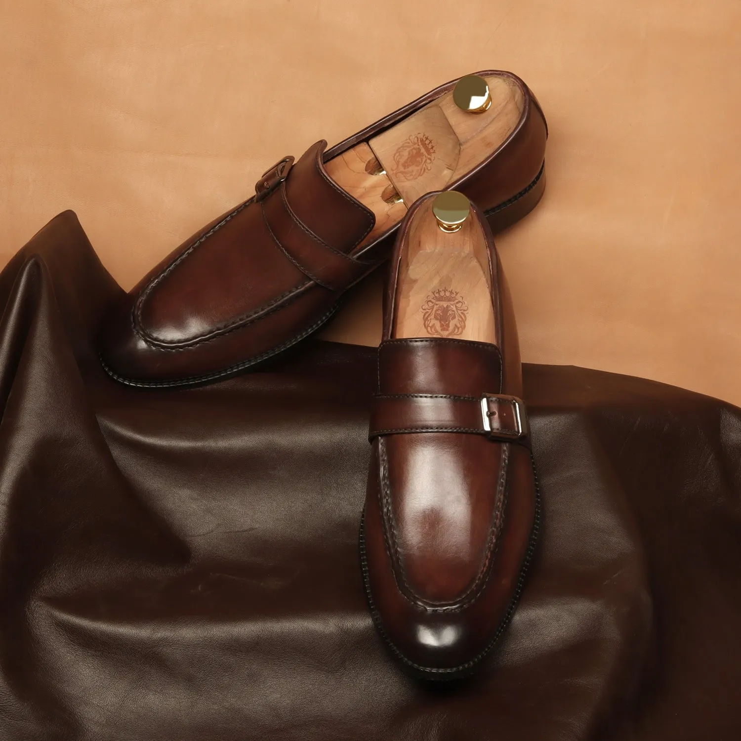 Single Monk Dark Brown Leather Apron Toe Buckle Strap Slip-On Shoe For Men By Brune & Bareskin