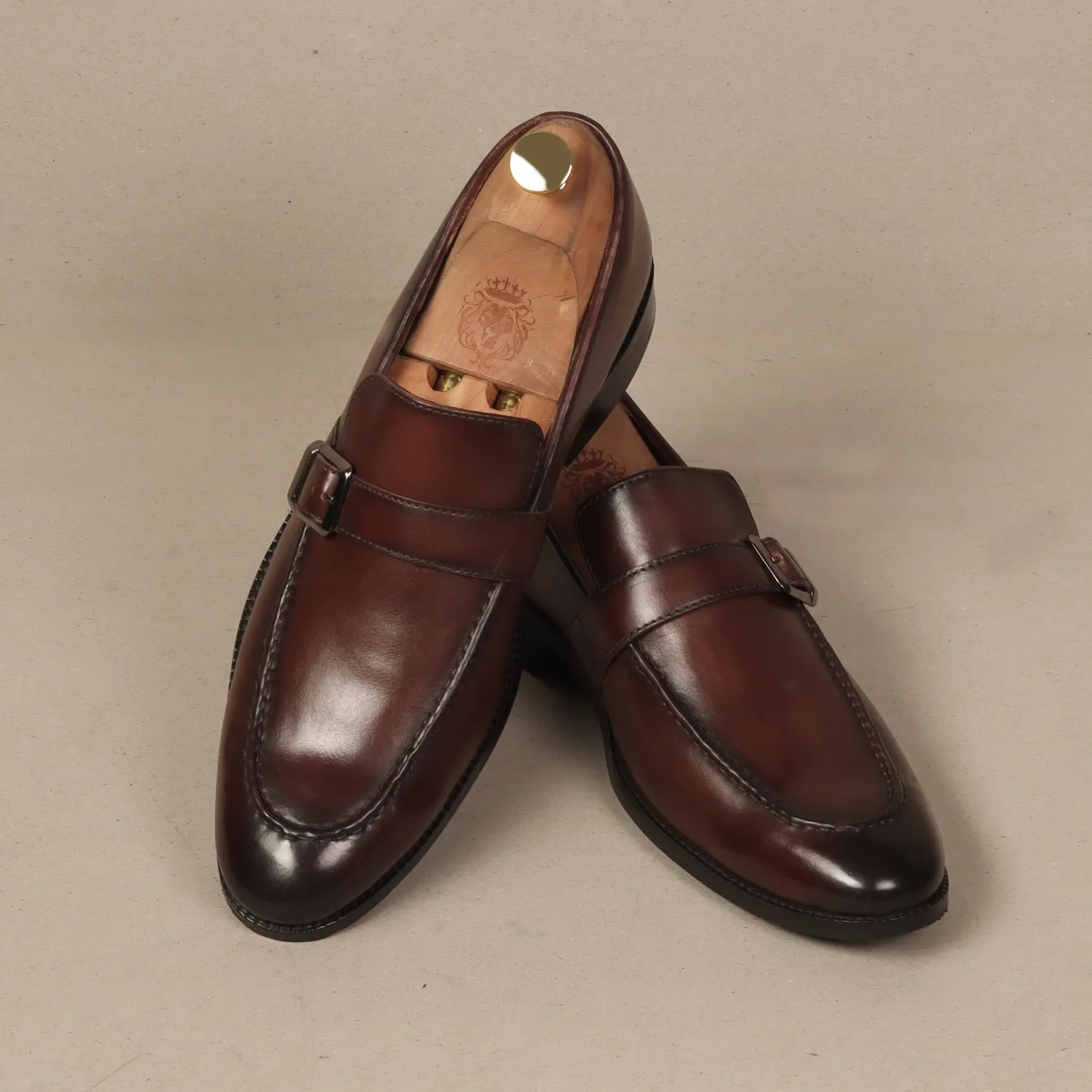 Single Monk Dark Brown Leather Apron Toe Buckle Strap Slip-On Shoe For Men By Brune & Bareskin