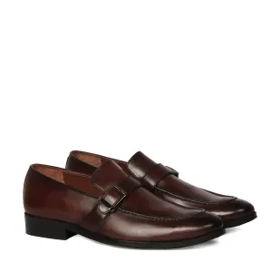 Single Monk Dark Brown Leather Apron Toe Buckle Strap Slip-On Shoe For Men By Brune & Bareskin