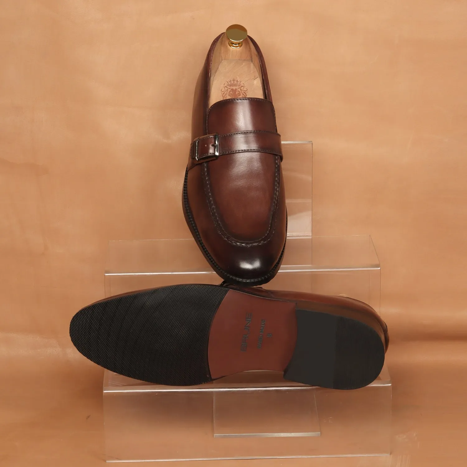 Single Monk Dark Brown Leather Apron Toe Buckle Strap Slip-On Shoe For Men By Brune & Bareskin