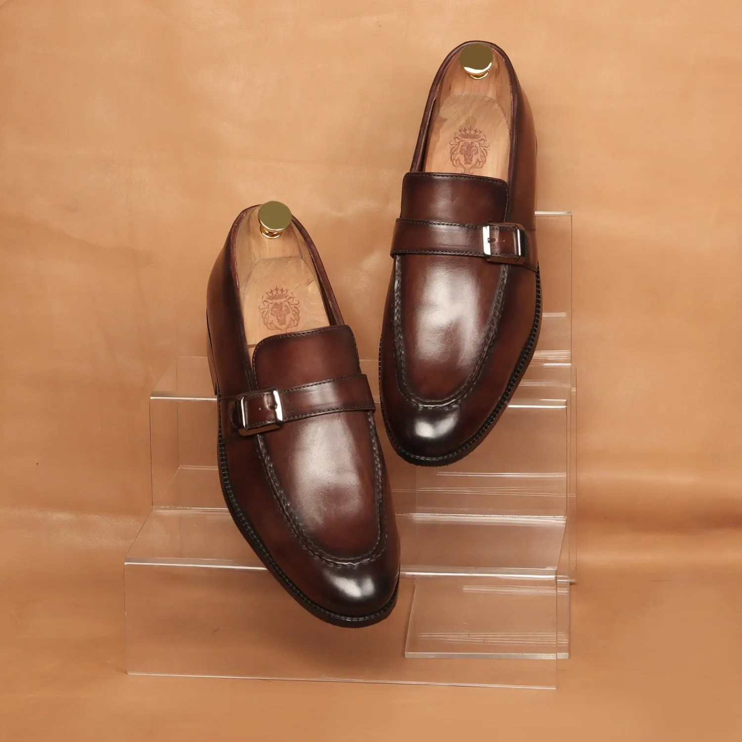 Single Monk Dark Brown Leather Apron Toe Buckle Strap Slip-On Shoe For Men By Brune & Bareskin