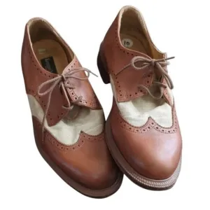 Vintage Kenneth Cole Spectator Brown Leather Beige Canvas Oxford Shoes Size 10