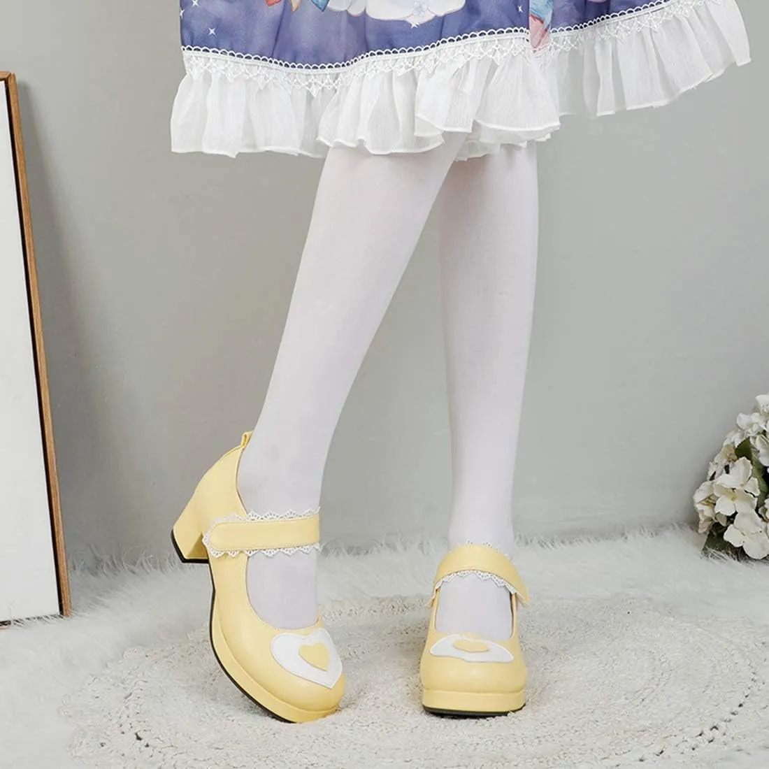 VOKLIN Women's Girls Platform Mary Jane Pumps Ankle Strap Hook-and-Loop Block Mid Heel Oxford Dress Shoes